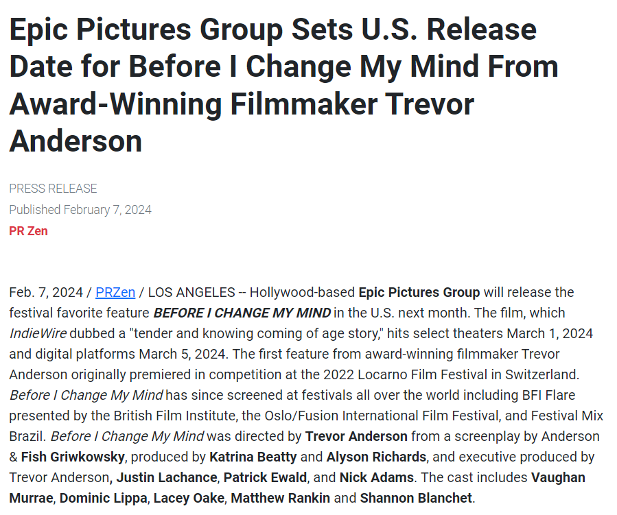 Epic Pictures Group Sets U.S. Release Date for Before I Change My Mind From Award-Winning Filmmaker Trevor Anderson